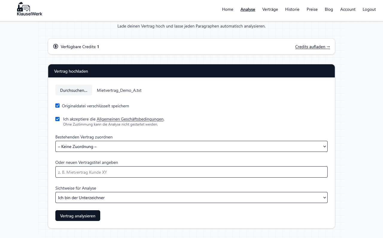 1. Vertrag hochladen